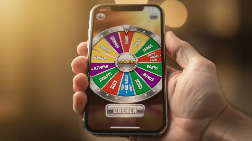 Eine Nahaufnahme einer Hand, die ein Smartphone hält, auf dem ein farbenfrohes Spielautomaten-Rad in einem der Online Casinos Deutschland zu sehen ist. Der Hintergrund ist unscharf und warm beleuchtet, was eine einladende Atmosphäre für Online-Casino-Spiele schafft.