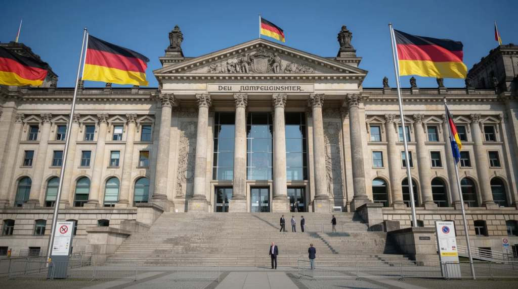 Das Bild zeigt ein offizielles Gebäude mit einer klassischen Fassade, geschmückt mit Bundesflaggen, das für Regulierung und Behörden steht. Es symbolisiert die Rolle der Glücksspielbehörde in Deutschland, die für die Aufsicht über Online Casinos und Spielotheken verantwortlich ist.